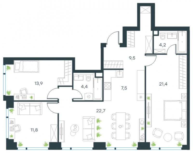 4-комнатная квартира без отделки, 95.4 м2, 13 этаж, сдача 4 квартал 2024 г., ЖК Level Мичуринский, корпус 4 - объявление 1677674 - фото №1
