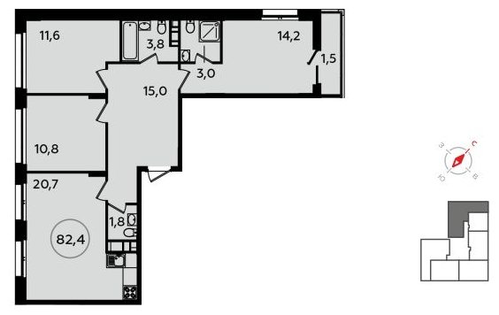 3-комнатная квартира с полной отделкой, 82.4 м2, 13 этаж, сдача 2 квартал 2022 г., ЖК Скандинавия, корпус 13.3 - объявление 1412342 - фото №1