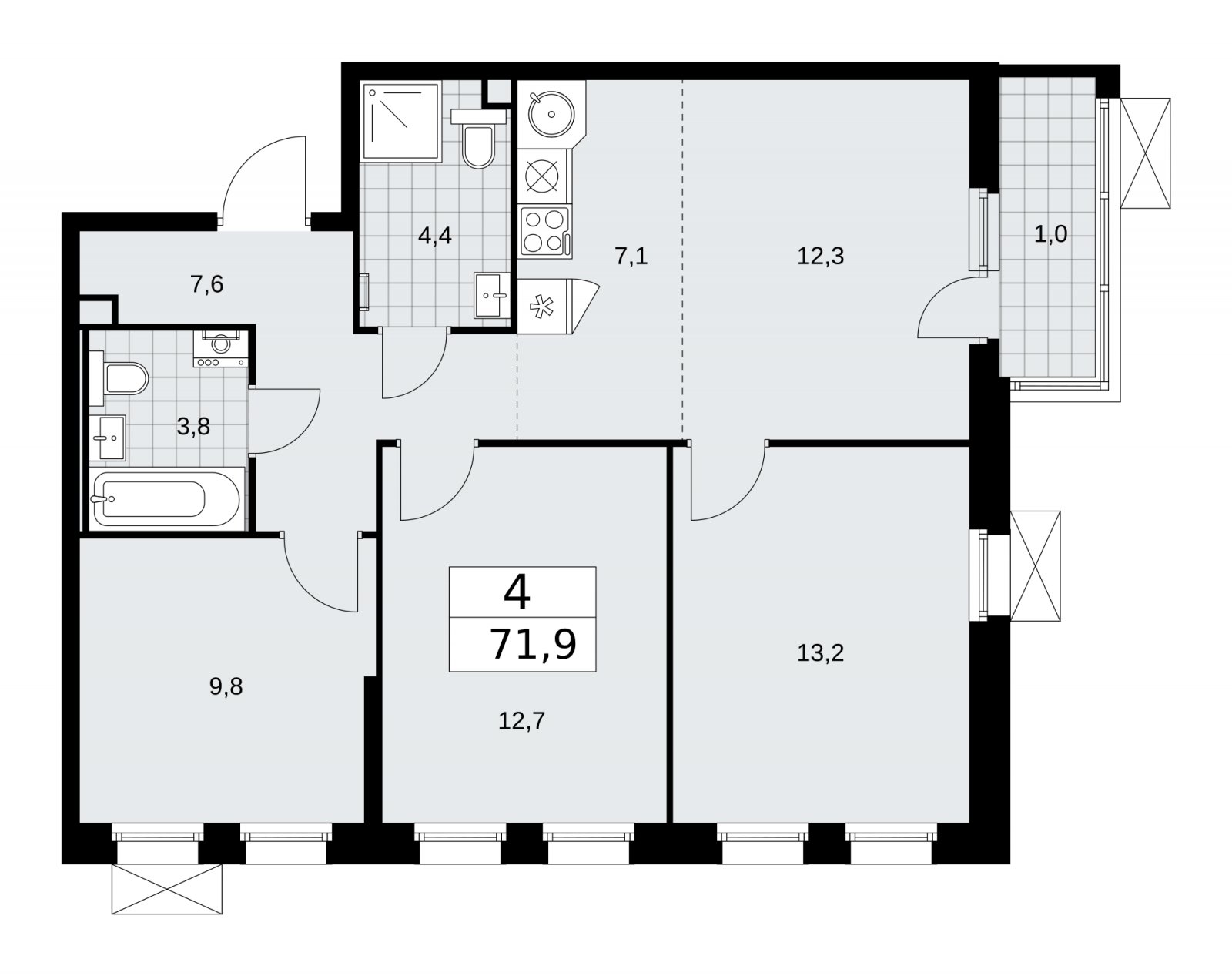 4-комнатная квартира (евро) с частичной отделкой, 71.9 м2, 2 этаж, сдача 2 квартал 2026 г., ЖК Скандинавия, корпус 25.1 - объявление 2283318 - фото №1