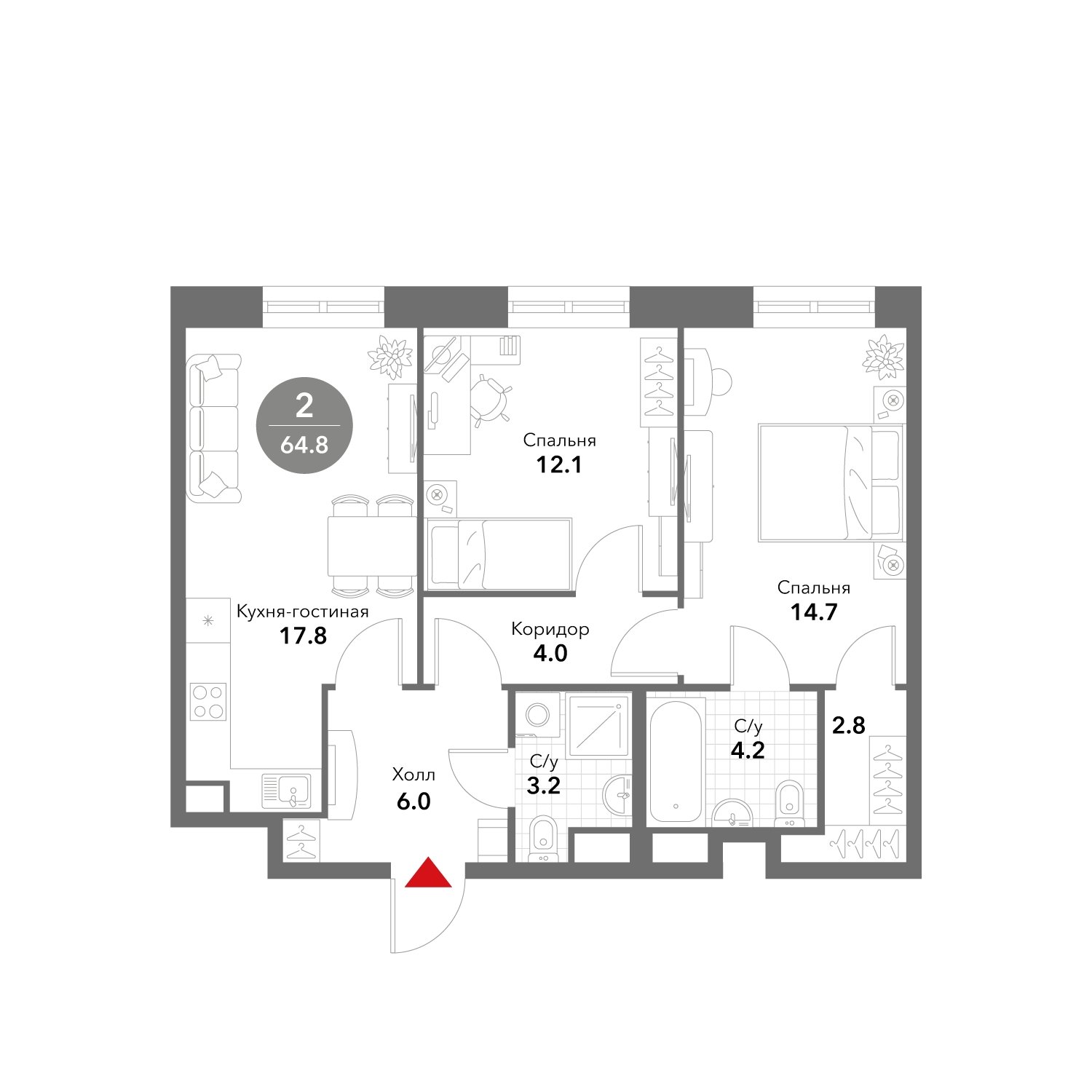 2-комнатные апартаменты без отделки, 64.8 м2, 17 этаж, сдача 3 квартал 2025 г., ЖК VOXHALL, корпус 4 - объявление 1981822 - фото №1