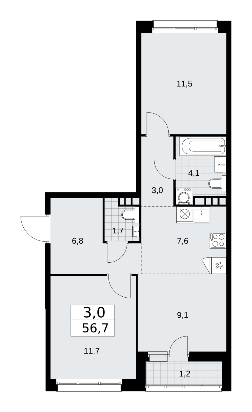 3-комнатная квартира (евро) без отделки, 56.7 м2, 6 этаж, сдача 1 квартал 2026 г., ЖК Дзен-кварталы, корпус 3.2 - объявление 2241497 - фото №1