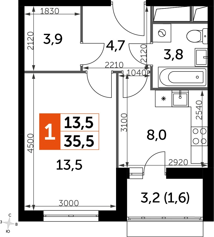 1-комнатная квартира без отделки, 35.5 м2, 3 этаж, дом сдан, ЖК UP-квартал Римский, корпус 7 - объявление 2292620 - фото №1