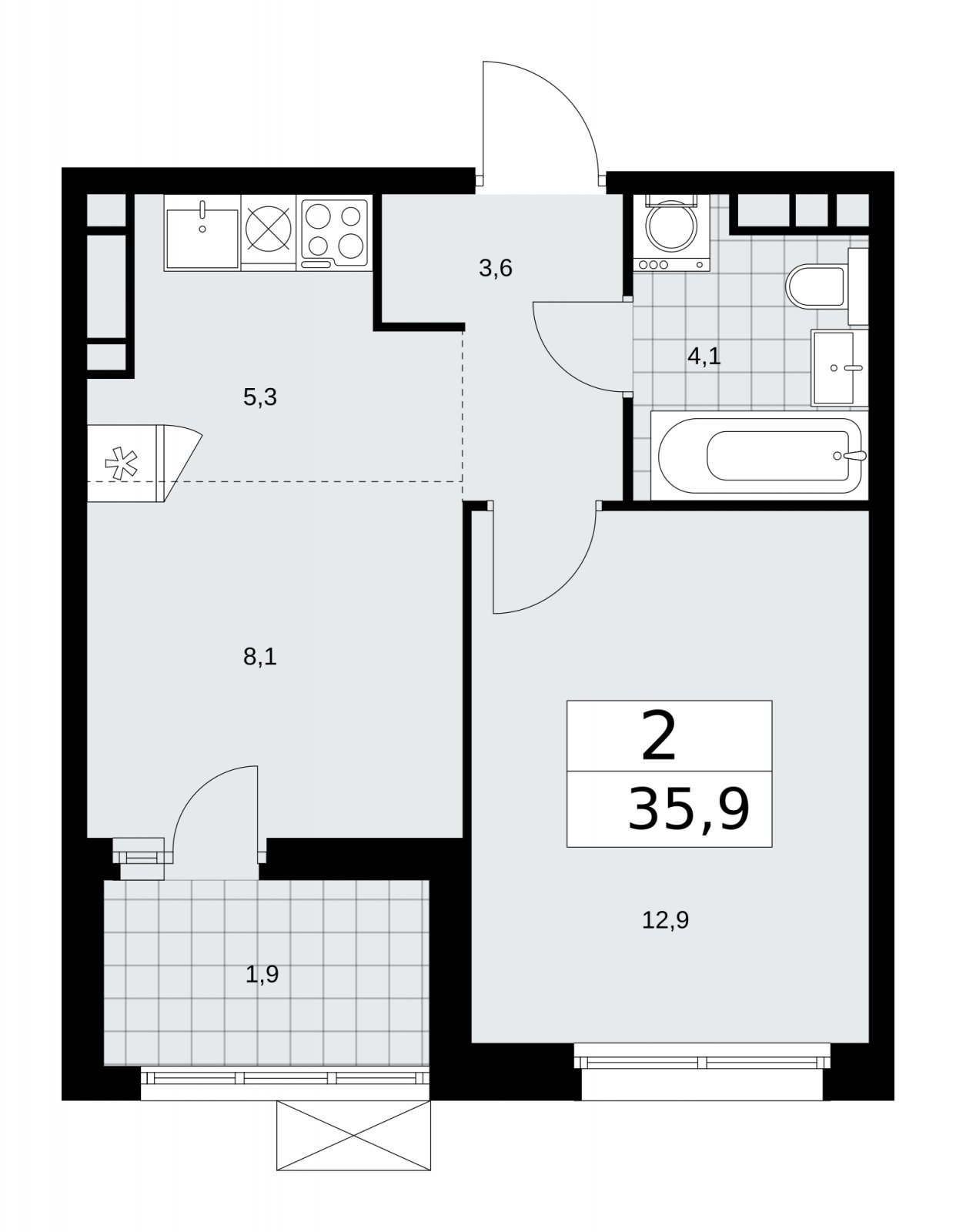 2-комнатная квартира (евро) с частичной отделкой, 35.9 м2, 12 этаж, сдача 2 квартал 2026 г., ЖК Скандинавия, корпус 25.2 - объявление 2283558 - фото №1