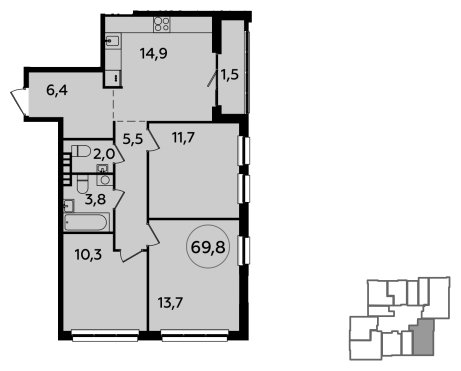 3-комнатная квартира без отделки, 69.8 м2, 8 этаж, сдача 1 квартал 2024 г., ЖК Южные сады, корпус 1.4 - объявление 1752986 - фото №1