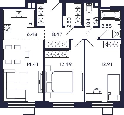 2-комнатная квартира без отделки, 62.68 м2, 2 этаж, сдача 2 квартал 2025 г., ЖК Квартал Тетрис, корпус "Квартал Тетрис 2.1" - объявление 2343742 - фото №1