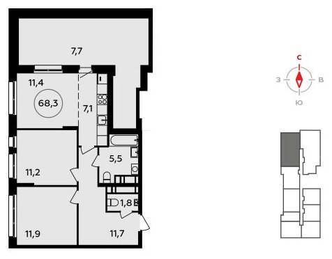 3-комнатная квартира (евро) с полной отделкой, 68.3 м2, 17 этаж, сдача 4 квартал 2023 г., ЖК Прокшино, корпус 4.1 - объявление 1650434 - фото №1
