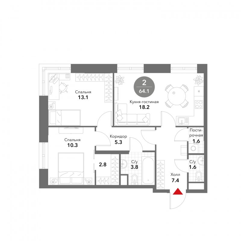 2-комнатные апартаменты без отделки, 64.1 м2, 14 этаж, сдача 3 квартал 2025 г., ЖК VOXHALL, корпус 4 - объявление 1793743 - фото №1