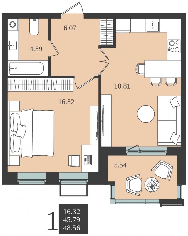 1-комнатная квартира без отделки, 48.56 м2, 2 этаж, сдача 1 квартал 2024 г., ЖК Мишино-2, корпус 10 - объявление 1761384 - фото №1