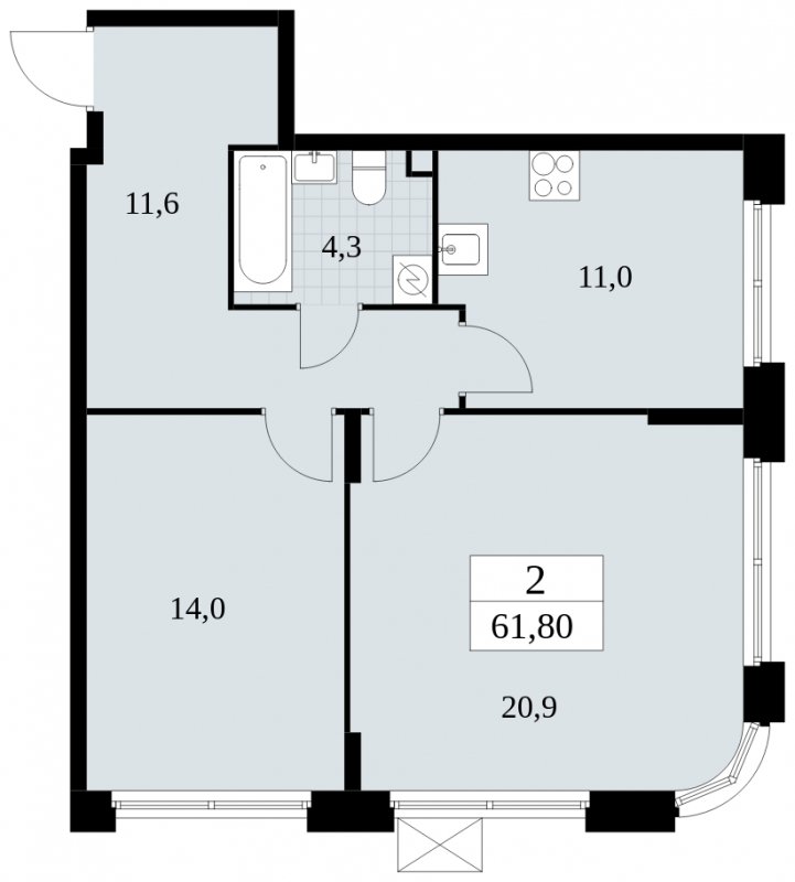 2-комнатная квартира с полной отделкой, 61.8 м2, 2 этаж, сдача 2 квартал 2025 г., ЖК Скандинавия, корпус 2.27.1 - объявление 1840176 - фото №1