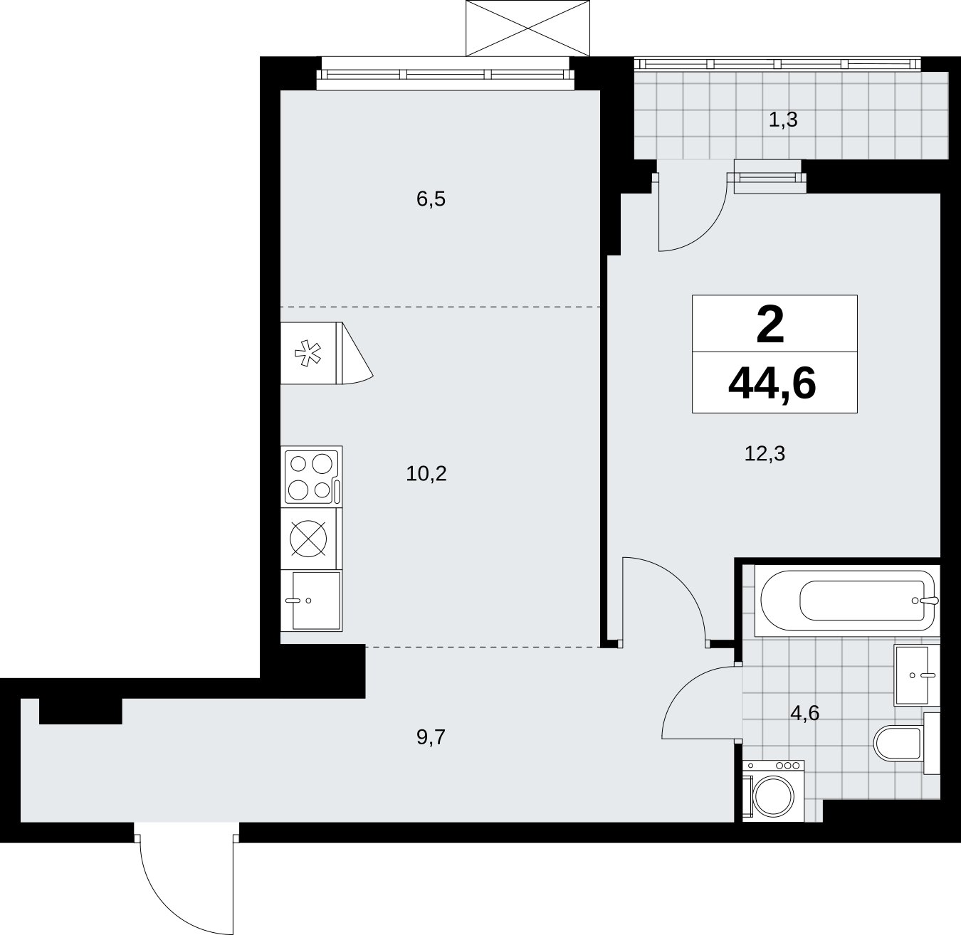 2-комнатная квартира (евро) без отделки, 44.6 м2, 10 этаж, сдача 1 квартал 2026 г., ЖК Дзен-кварталы, корпус 6.2.1 - объявление 2328507 - фото №1