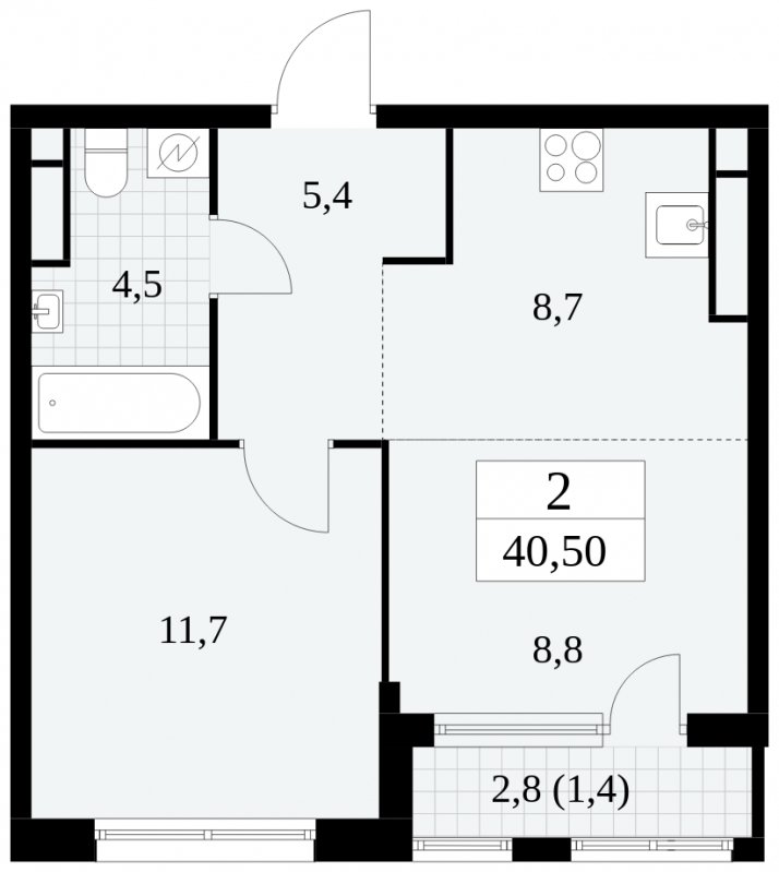 2-комнатная квартира (евро) с частичной отделкой, 40.5 м2, 27 этаж, сдача 2 квартал 2025 г., ЖК Южные сады, корпус 2.1 - объявление 1760070 - фото №1