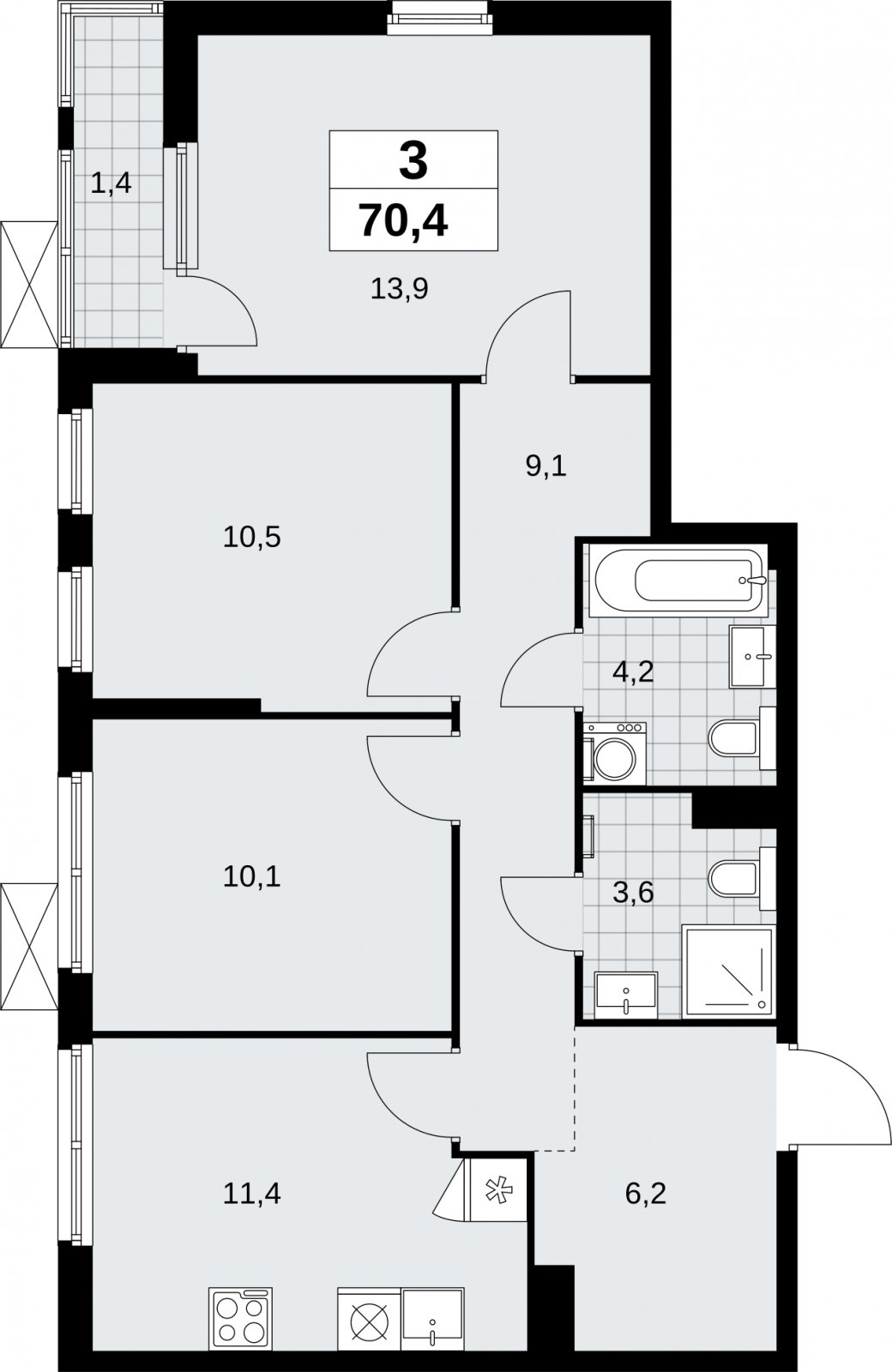 3-комнатная квартира без отделки, 70.4 м2, 10 этаж, сдача 1 квартал 2026 г., ЖК Дзен-кварталы, корпус 6.2.1 - объявление 2328504 - фото №1