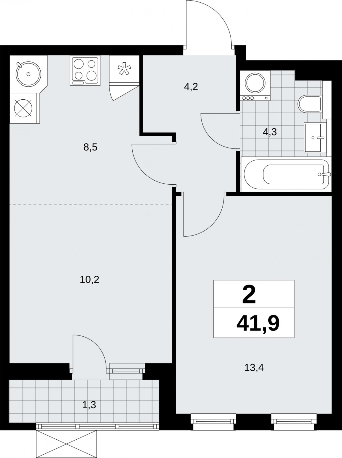 2-комнатная квартира (евро) без отделки, 41.9 м2, 5 этаж, сдача 2 квартал 2026 г., ЖК Бунинские кварталы, корпус 9.1 - объявление 2324102 - фото №1