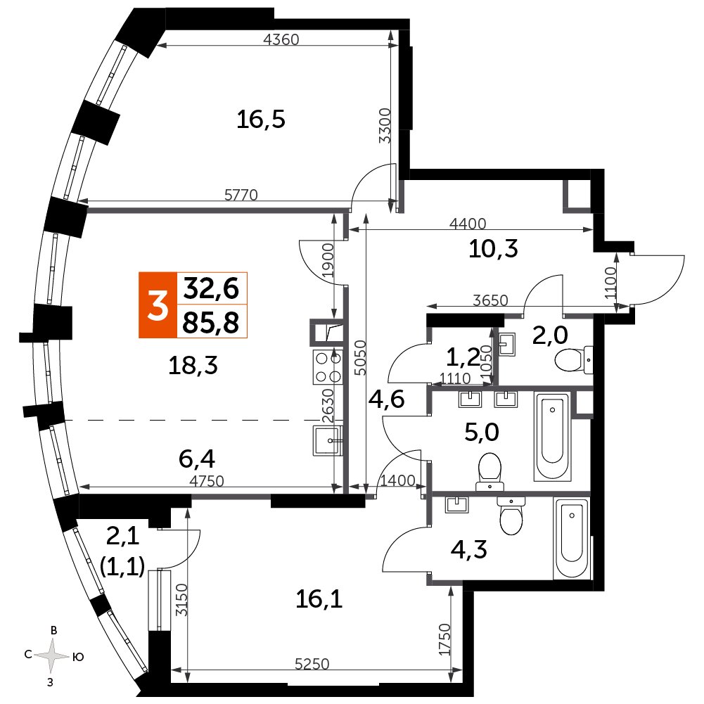 2-комнатная квартира с частичной отделкой, 85.8 м2, 16 этаж, сдача 3 квартал 2024 г., ЖК Sydney City, корпус 2.2 - объявление 2384561 - фото №1