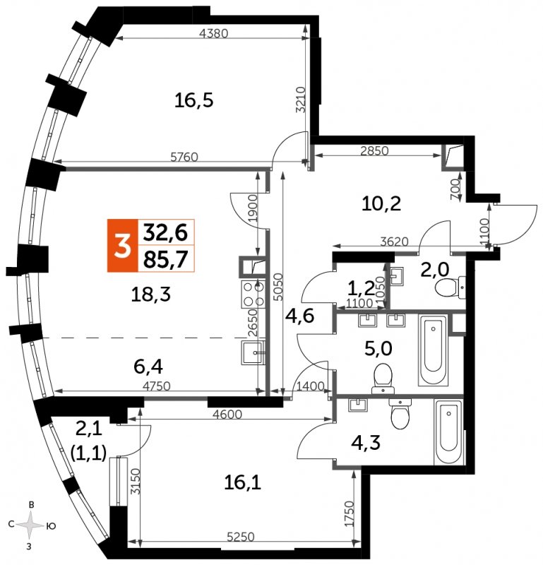 2-комнатная квартира с частичной отделкой, 85.7 м2, 25 этаж, сдача 3 квартал 2024 г., ЖК Sydney City, корпус 2.2 - объявление 1694274 - фото №1
