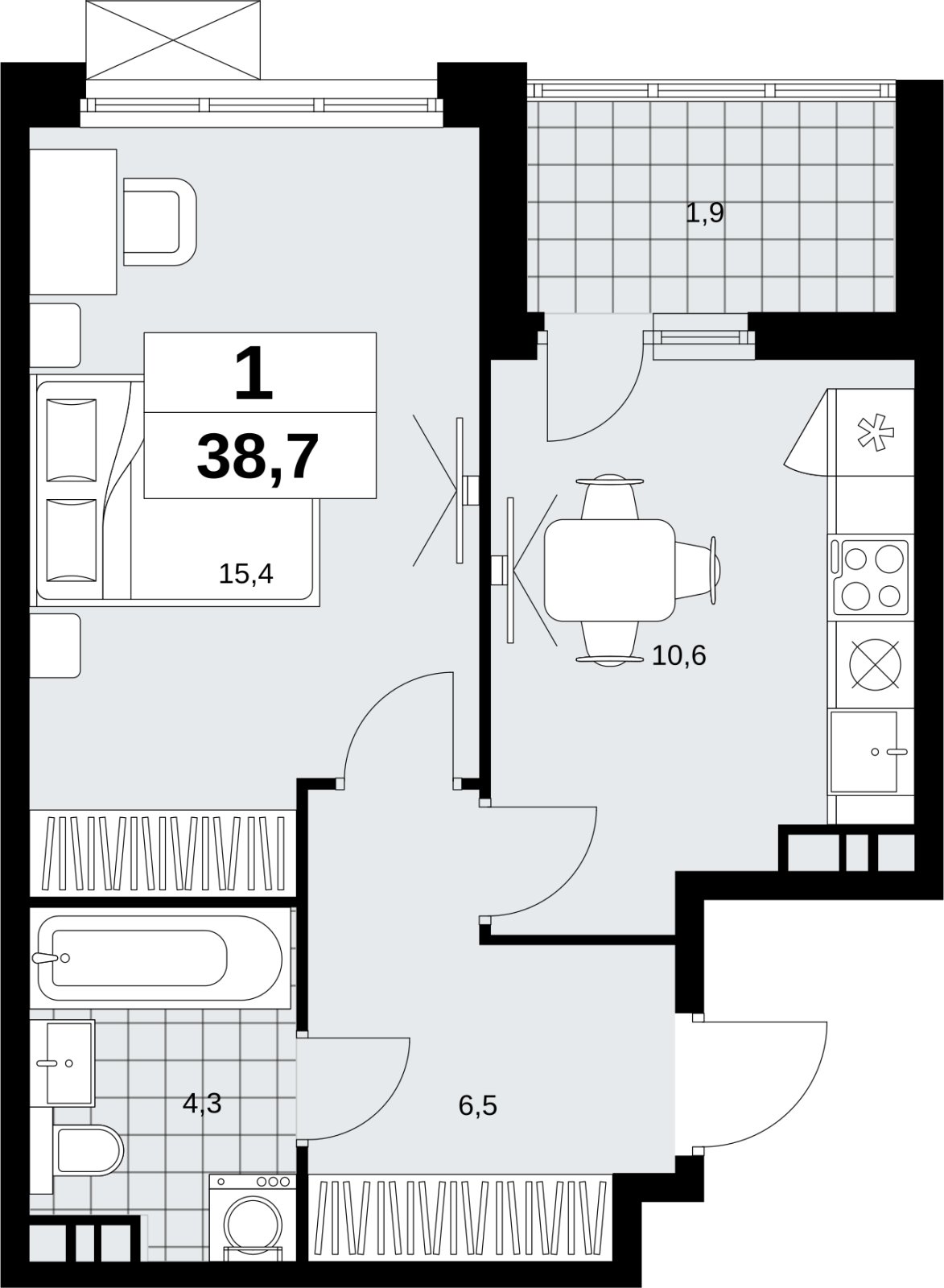 1-комнатная квартира без отделки, 38.7 м2, 12 этаж, сдача 4 квартал 2026 г., ЖК Скандинавия, корпус 2.18.2.6 - объявление 2351801 - фото №1