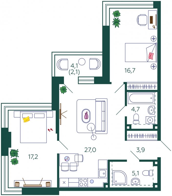 2-комнатная квартира без отделки, 76.7 м2, 13 этаж, сдача 1 квартал 2024 г., ЖК SHAGAL, корпус 1.5 - объявление 1567272 - фото №1
