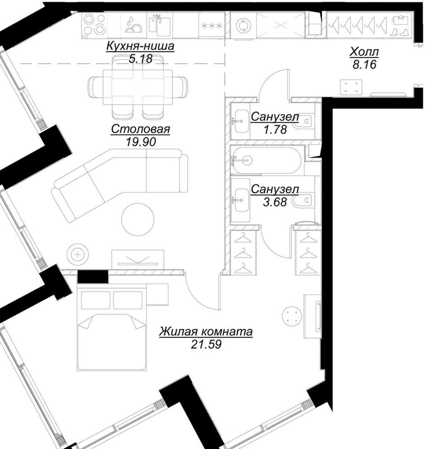 1-комнатная квартира с частичной отделкой, 60.39 м2, 4 этаж, сдача 4 квартал 2024 г., ЖК MOD, корпус Stein - объявление 2191516 - фото №1