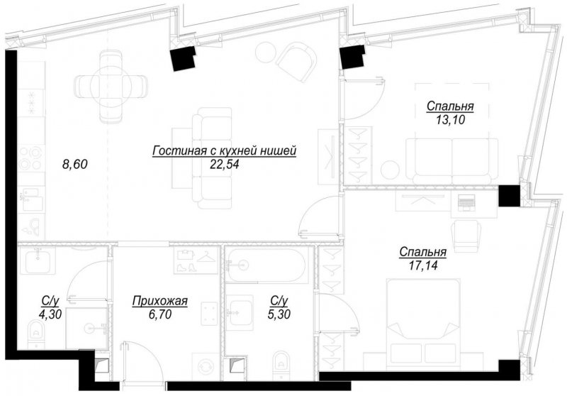 2-комнатная квартира с частичной отделкой, 77.7 м2, 39 этаж, сдача 1 квартал 2023 г., ЖК Hide, корпус WestDale - объявление 1756911 - фото №1