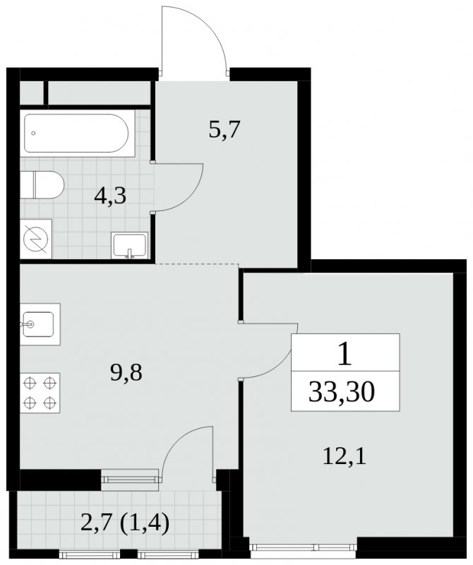 1-комнатная квартира без отделки, 33.3 м2, 8 этаж, сдача 2 квартал 2025 г., ЖК Южные сады, корпус 2.4 - объявление 1760213 - фото №1
