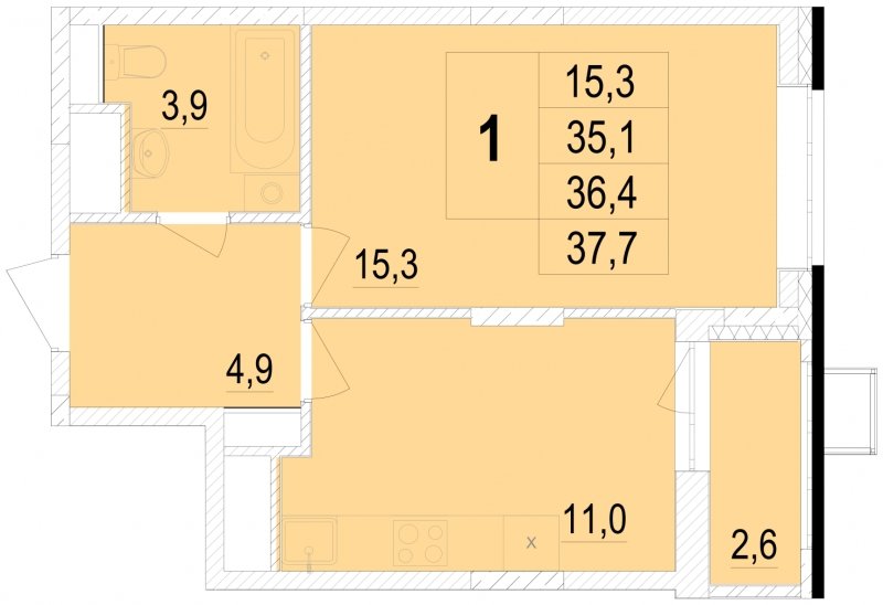 1-комнатная квартира без отделки, 36.4 м2, 20 этаж, сдача 1 квартал 2024 г., ЖК Отрадный, корпус 4 - объявление 1781225 - фото №1