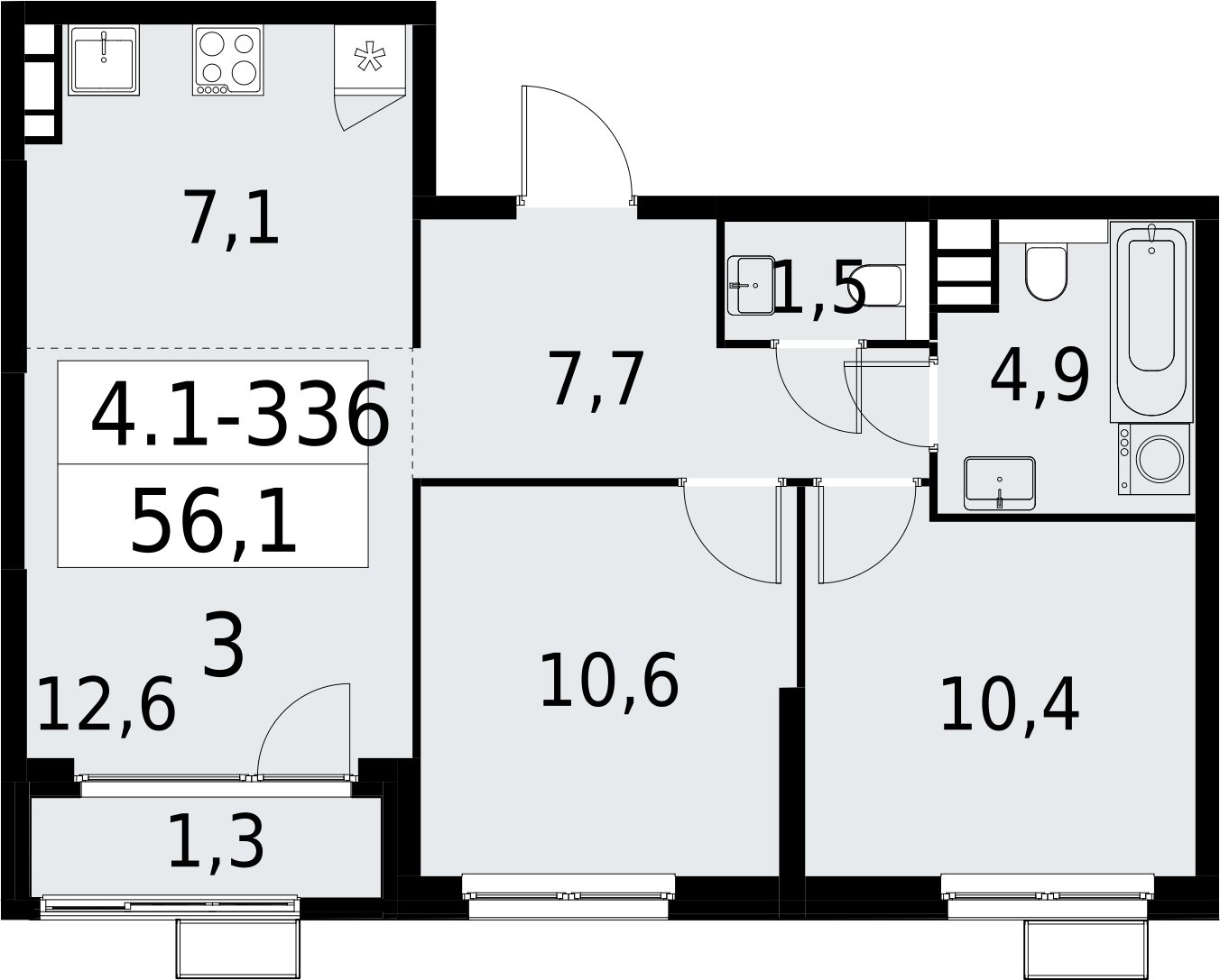 3-комнатная квартира (евро) с полной отделкой, 56.1 м2, 15 этаж, сдача 2 квартал 2027 г., ЖК Южные сады, корпус 4.1.2 - объявление 2392844 - фото №1