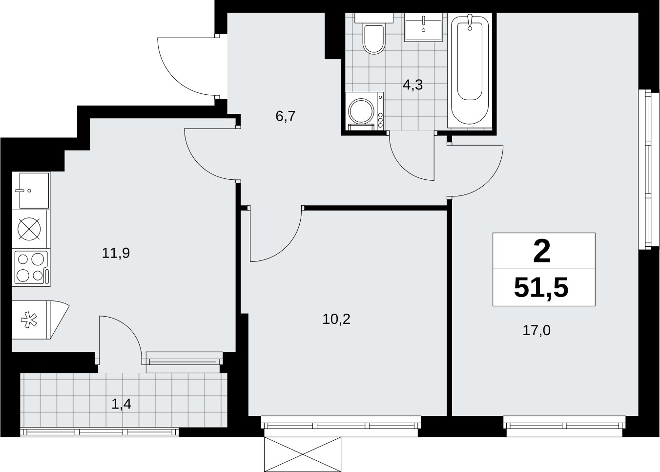 2-комнатная квартира без отделки, 51.5 м2, 7 этаж, сдача 1 квартал 2026 г., ЖК Дзен-кварталы, корпус 6.2.1 - объявление 2328595 - фото №1