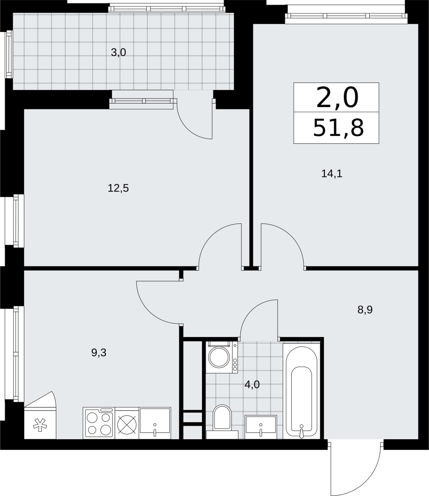 2-комнатная квартира с частичной отделкой, 51.8 м2, 14 этаж, сдача 2 квартал 2026 г., ЖК Дзен-кварталы, корпус 3.3 - объявление 2400341 - фото №1