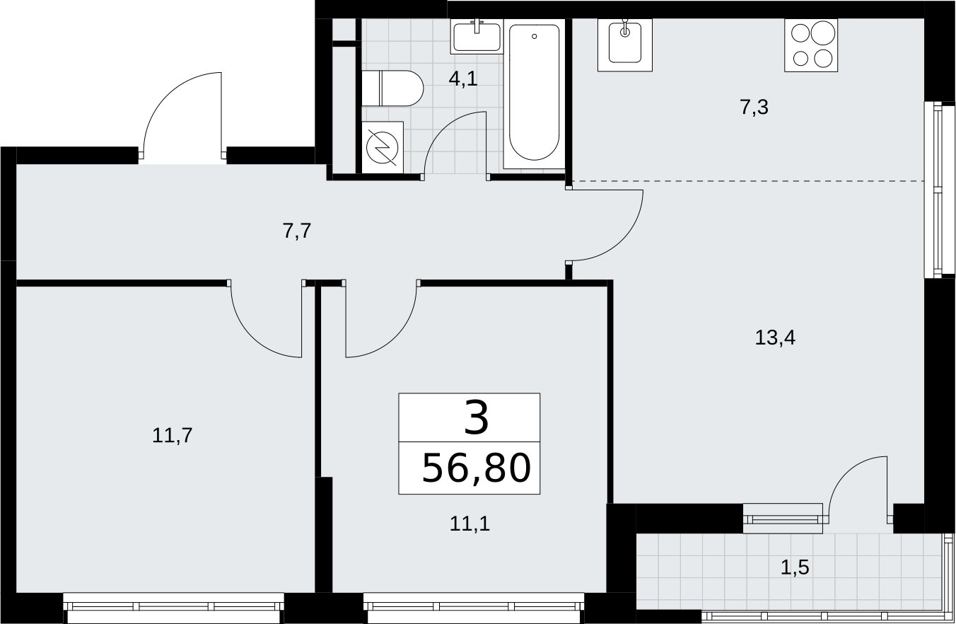 3-комнатная квартира (евро) с полной отделкой, 56.8 м2, 3 этаж, сдача 4 квартал 2026 г., ЖК Родные кварталы, корпус 1.2 - объявление 2318170 - фото №1