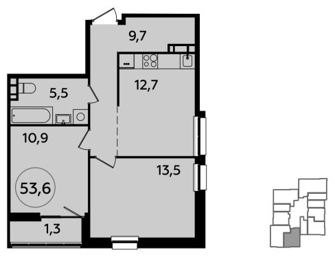 2-комнатная квартира без отделки, 53.6 м2, 18 этаж, сдача 1 квартал 2024 г., ЖК Южные сады, корпус 1.3 - объявление 1512386 - фото №1