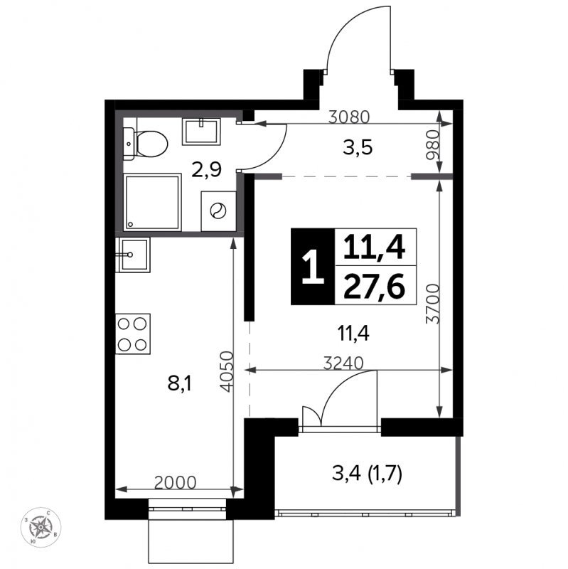 Студия с полной отделкой, 27.6 м2, 16 этаж, сдача 3 квартал 2023 г., ЖК Южная Битца, корпус 12 - объявление 1973016 - фото №1