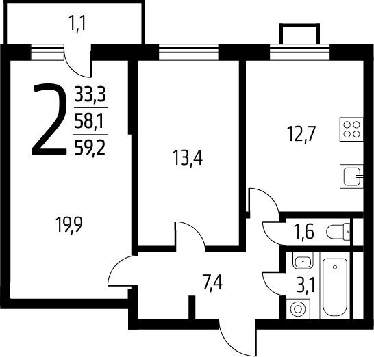 2-комнатная квартира с полной отделкой, 59.2 м2, 9 этаж, сдача 1 квартал 2025 г., ЖК Новые Ватутинки. Заречный, корпус 5/1 - объявление 2271888 - фото №1