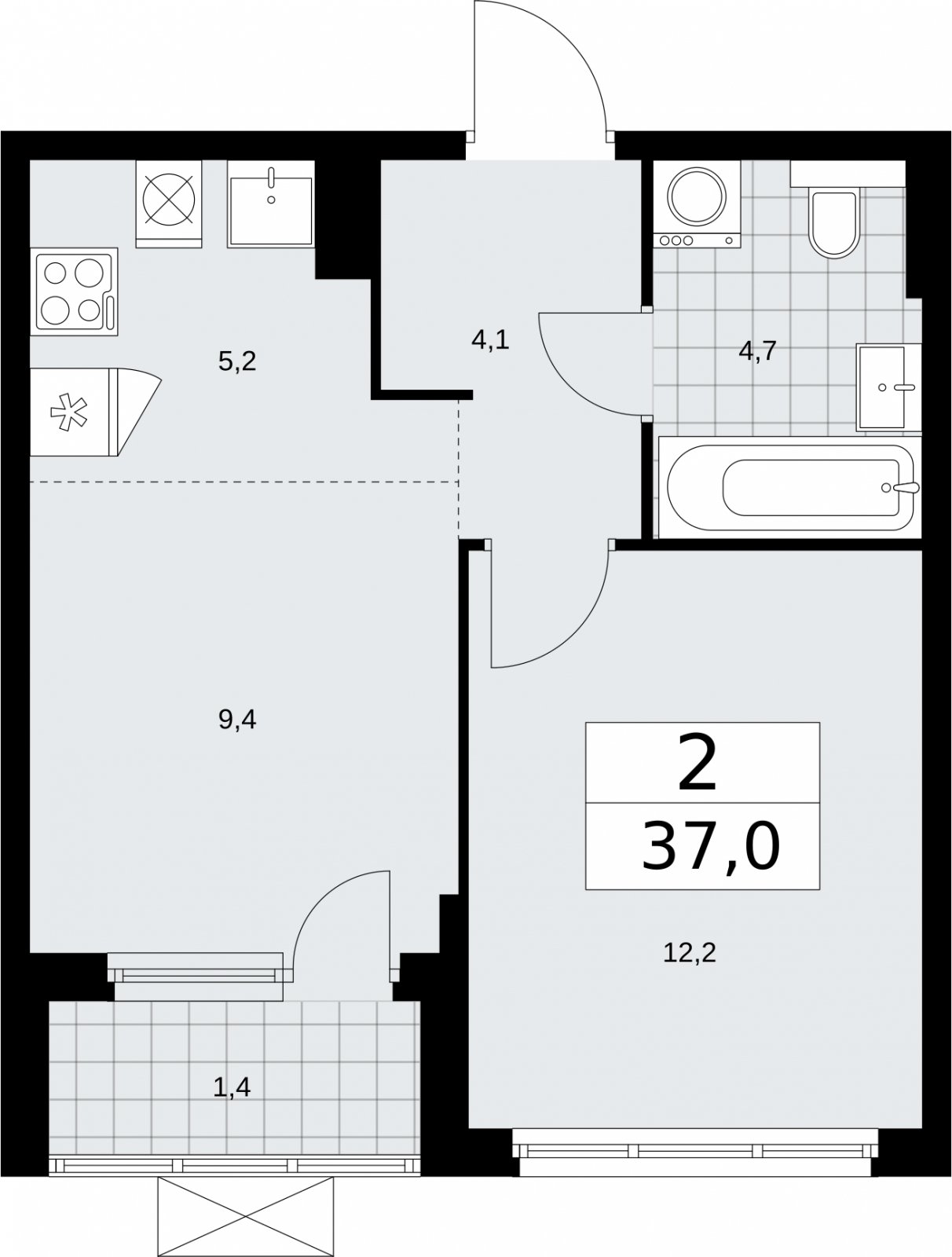 2-комнатная квартира (евро) без отделки, 37 м2, 14 этаж, сдача 2 квартал 2026 г., ЖК Бунинские кварталы, корпус 7.4 - объявление 2314148 - фото №1