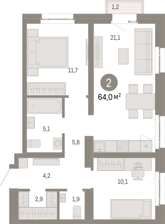 2-комнатная квартира с частичной отделкой, 64 м2, 11 этаж, сдача 3 квартал 2026 г., ЖК Квартал Метроном, корпус 1 - объявление 2300593 - фото №1