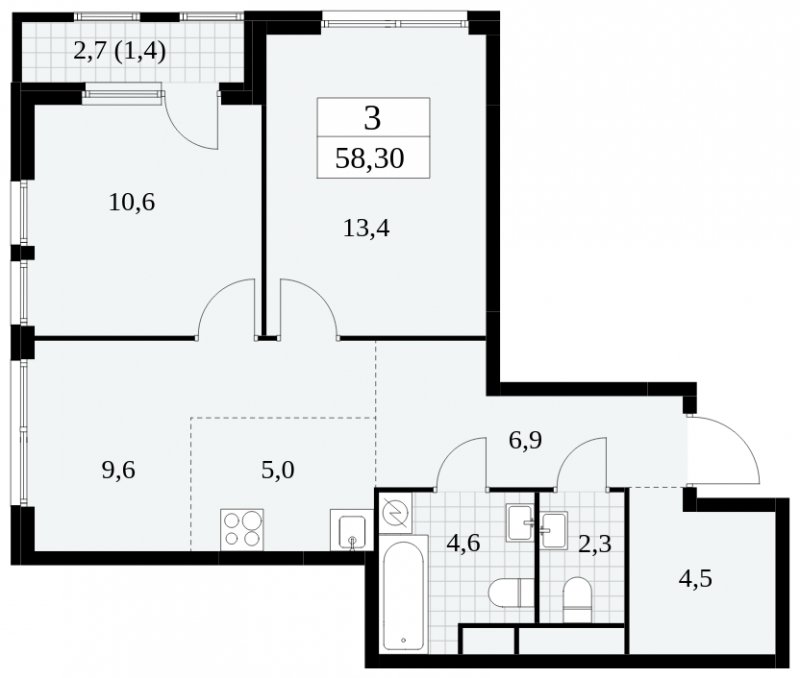 3-комнатная квартира (евро) с частичной отделкой, 58.3 м2, 22 этаж, сдача 2 квартал 2025 г., ЖК Южные сады, корпус 2.2 - объявление 1757619 - фото №1