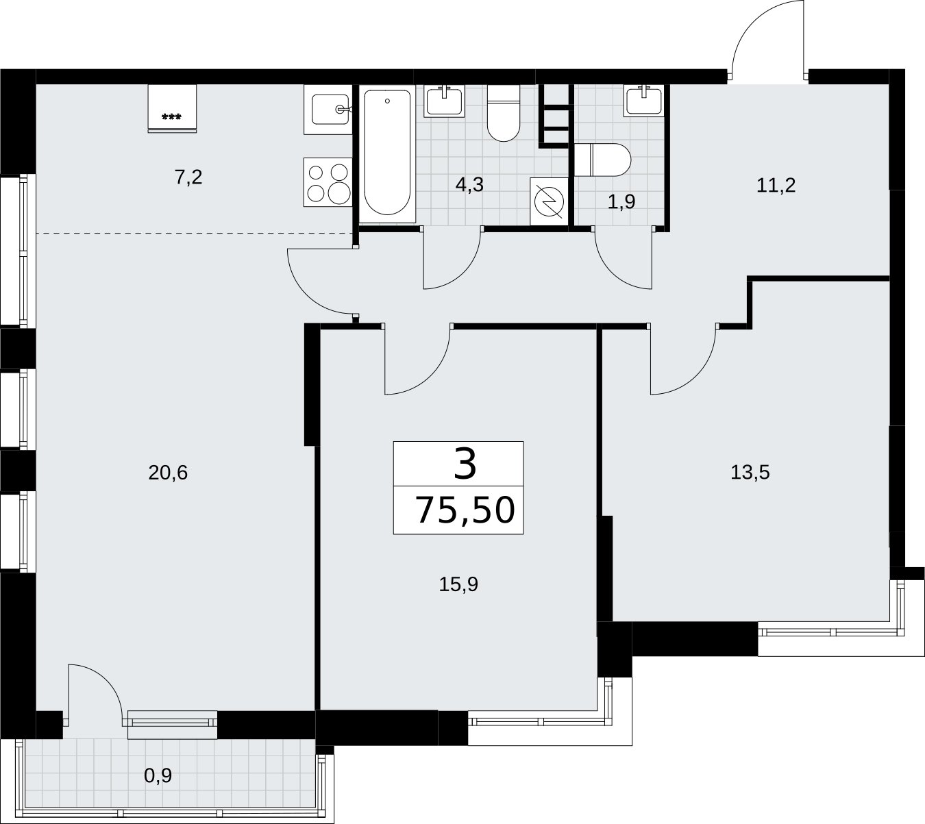 3-комнатная квартира (евро) без отделки, 75.5 м2, 3 этаж, сдача 3 квартал 2026 г., ЖК Родные кварталы, корпус 3.5 - объявление 2378712 - фото №1