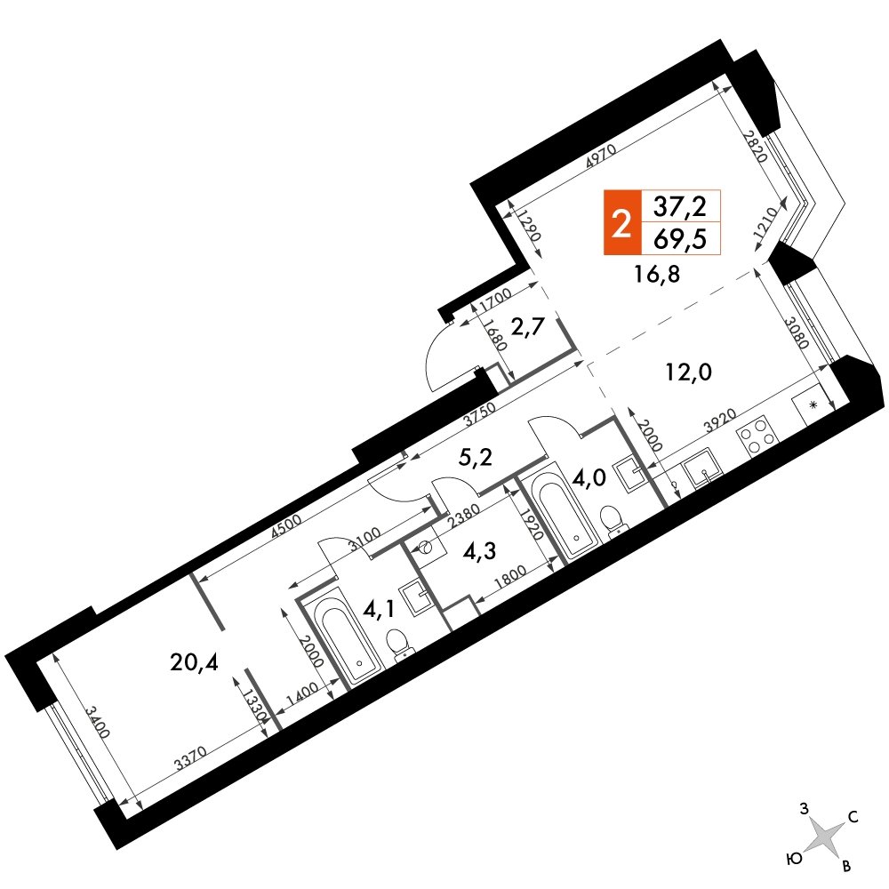 2-комнатная квартира с частичной отделкой, 69.5 м2, 29 этаж, дом сдан, ЖК Архитектор, корпус 3 - объявление 2207485 - фото №1