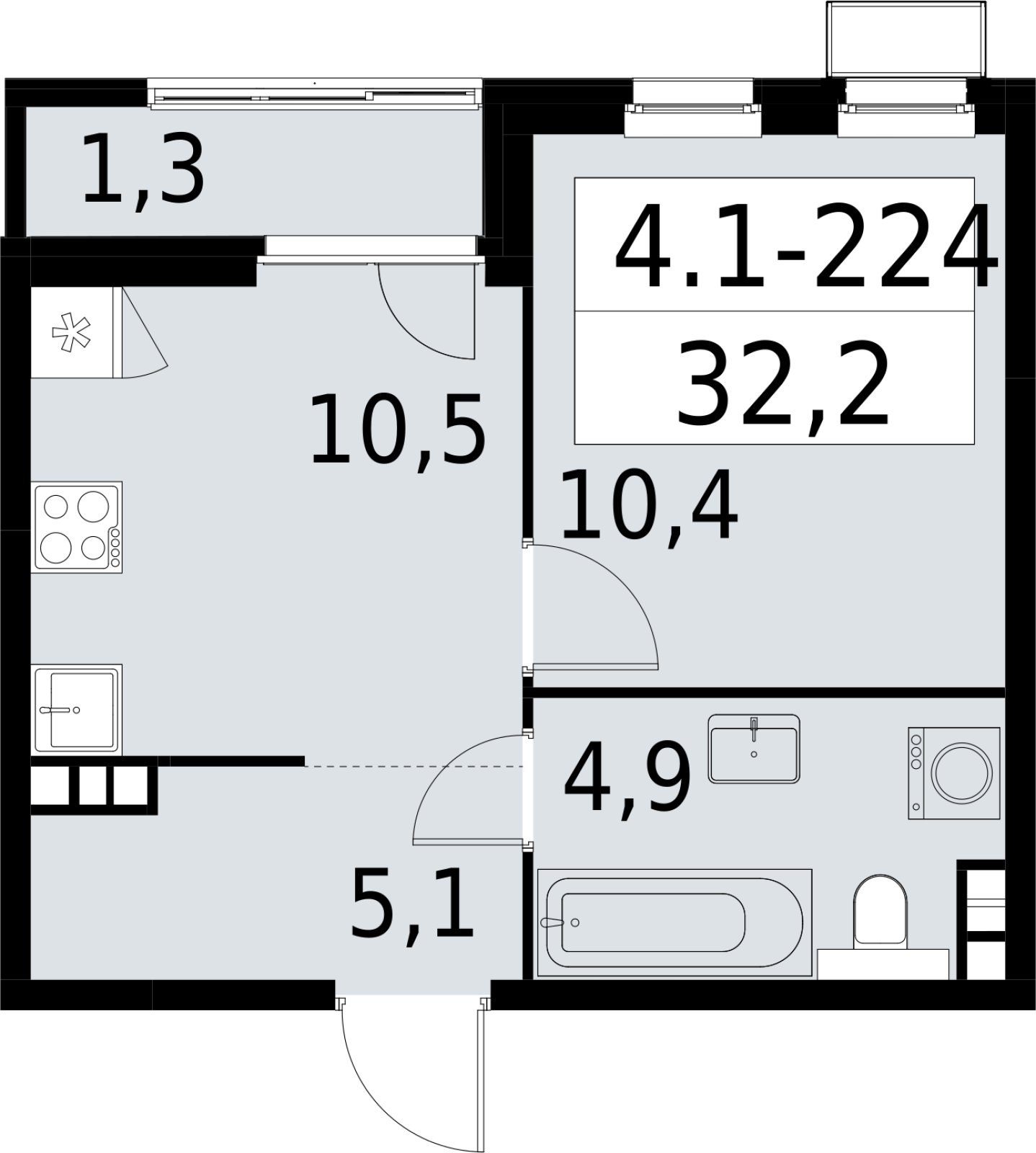 1-комнатная квартира с полной отделкой, 32.2 м2, 5 этаж, сдача 2 квартал 2027 г., ЖК Южные сады, корпус 4.1.2 - объявление 2392743 - фото №1