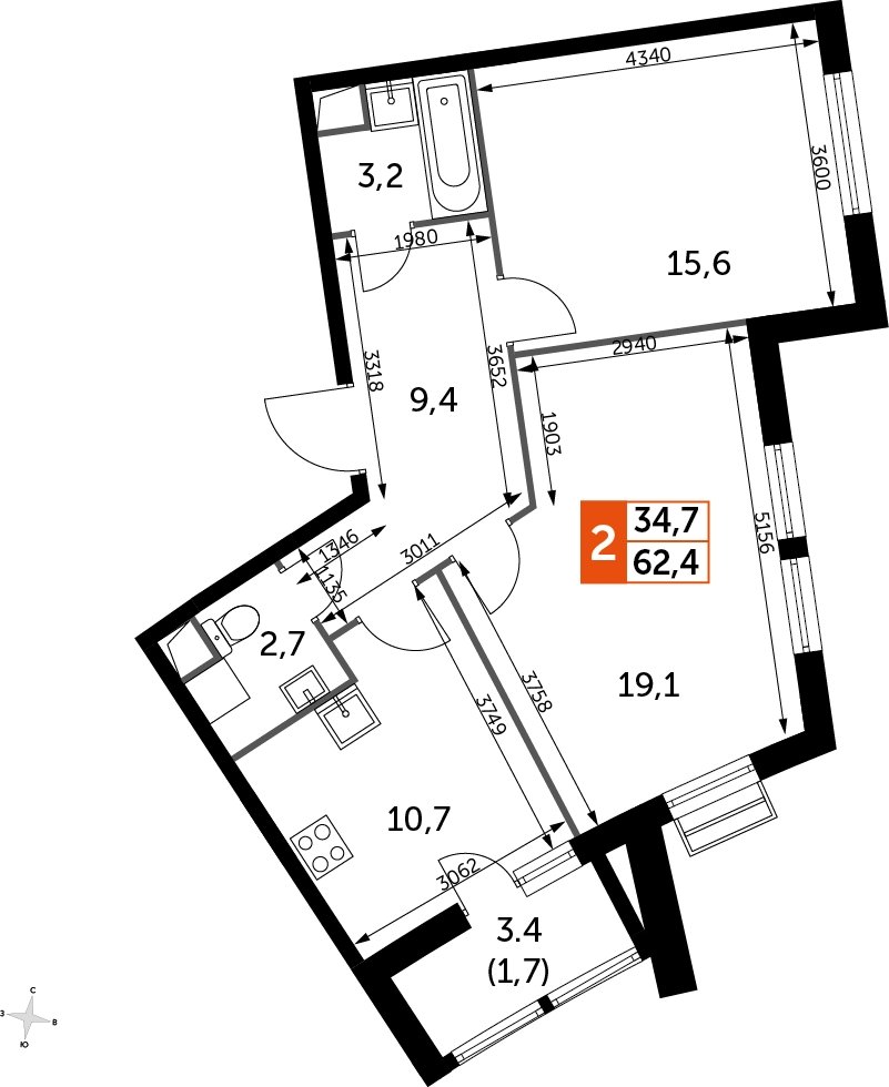 2-комнатная квартира без отделки, 62.4 м2, 1 этаж, дом сдан, ЖК UP-квартал Римский, корпус 7 - объявление 2208699 - фото №1