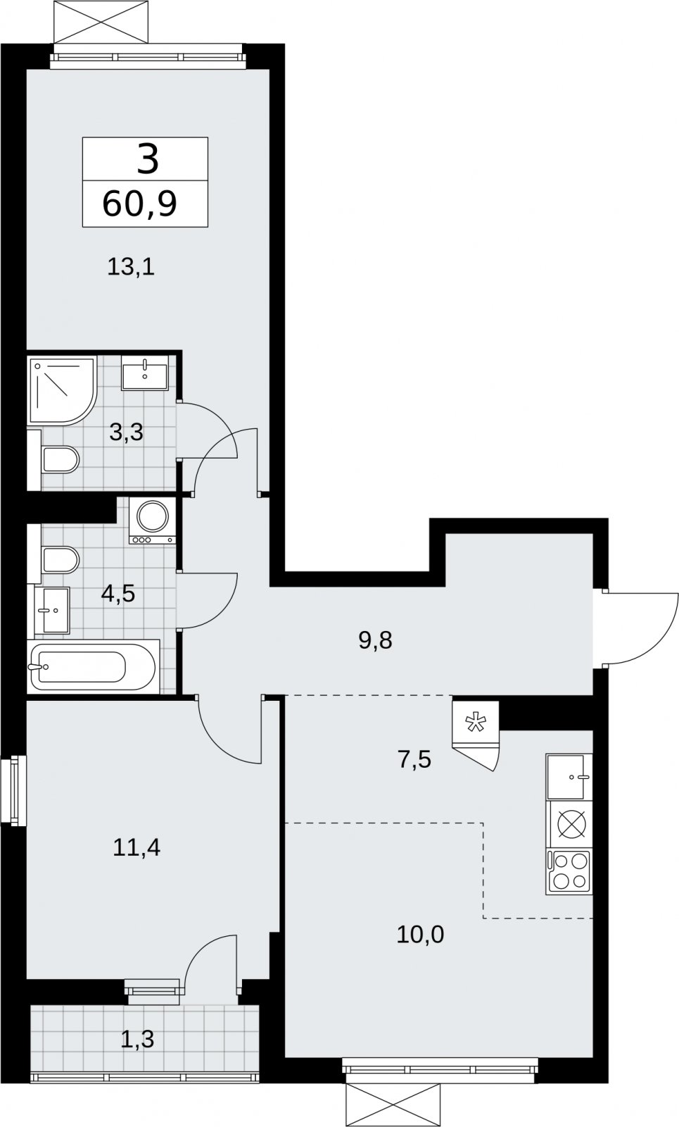 3-комнатная квартира (евро) без отделки, 60.9 м2, 17 этаж, сдача 2 квартал 2026 г., ЖК Бунинские кварталы, корпус 7.3 - объявление 2313743 - фото №1