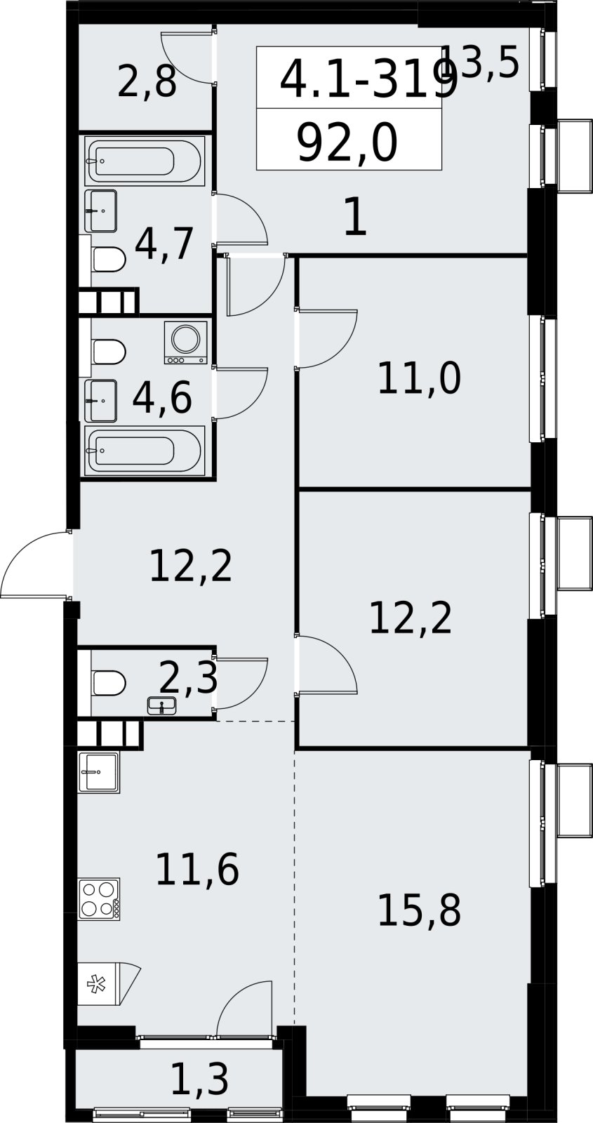 4-комнатная квартира (евро) с полной отделкой, 92 м2, 12 этаж, сдача 2 квартал 2027 г., ЖК Южные сады, корпус 4.1.2 - объявление 2392827 - фото №1