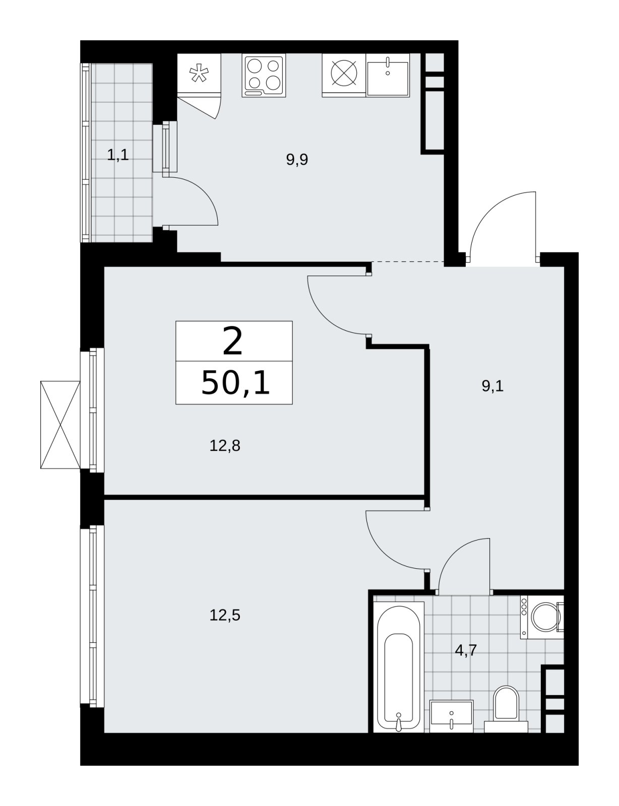 2-комнатная квартира без отделки, 50.1 м2, 11 этаж, сдача 4 квартал 2025 г., ЖК Прокшино, корпус 11.1.4 - объявление 2257628 - фото №1
