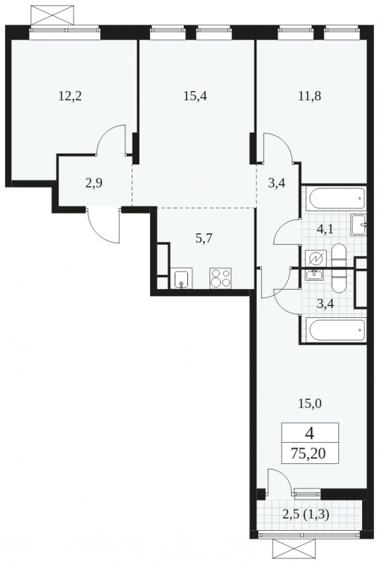 4-комнатная квартира (евро) без отделки, 75.2 м2, 11 этаж, сдача 1 квартал 2025 г., ЖК Прокшино, корпус 5.1.3 - объявление 1810547 - фото №1