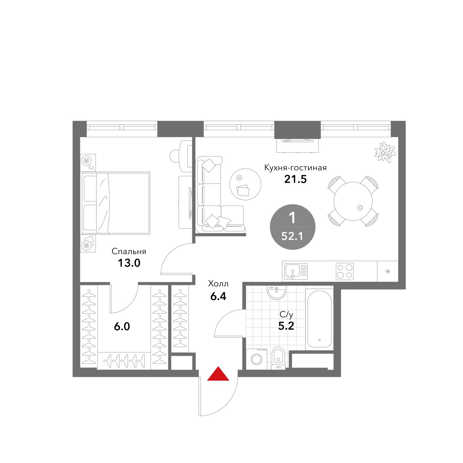 1-комнатная квартира без отделки, 52.1 м2, 2 этаж, сдача 3 квартал 2025 г., ЖК VOXHALL, корпус 2 - объявление 1981761 - фото №1