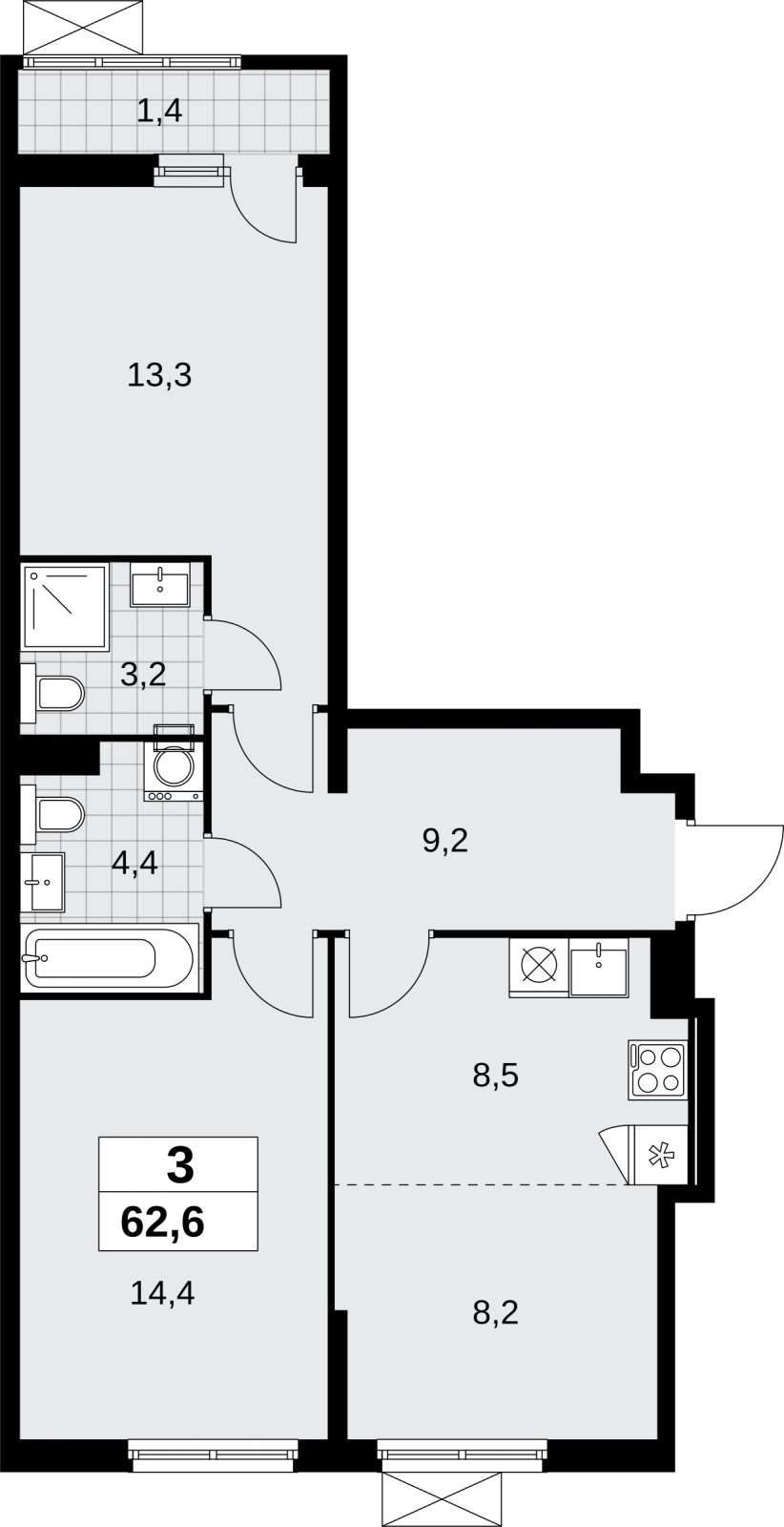 3-комнатная квартира (евро) с полной отделкой, 62.6 м2, 5 этаж, сдача 3 квартал 2026 г., ЖК Дзен-кварталы, корпус 6.1.3 - объявление 2328111 - фото №1