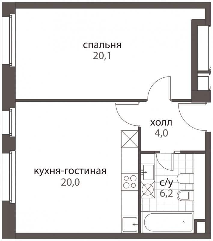 2-комнатная квартира (евро) без отделки, 50.3 м2, 2 этаж, сдача 2 квартал 2022 г., ЖК HomeCity, корпус 4 - объявление 1363944 - фото №1