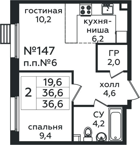 2-комнатная квартира с полной отделкой, 36.6 м2, 1 этаж, сдача 4 квартал 2025 г., ЖК Эко Бунино, корпус Я-18-19 - объявление 1984788 - фото №1