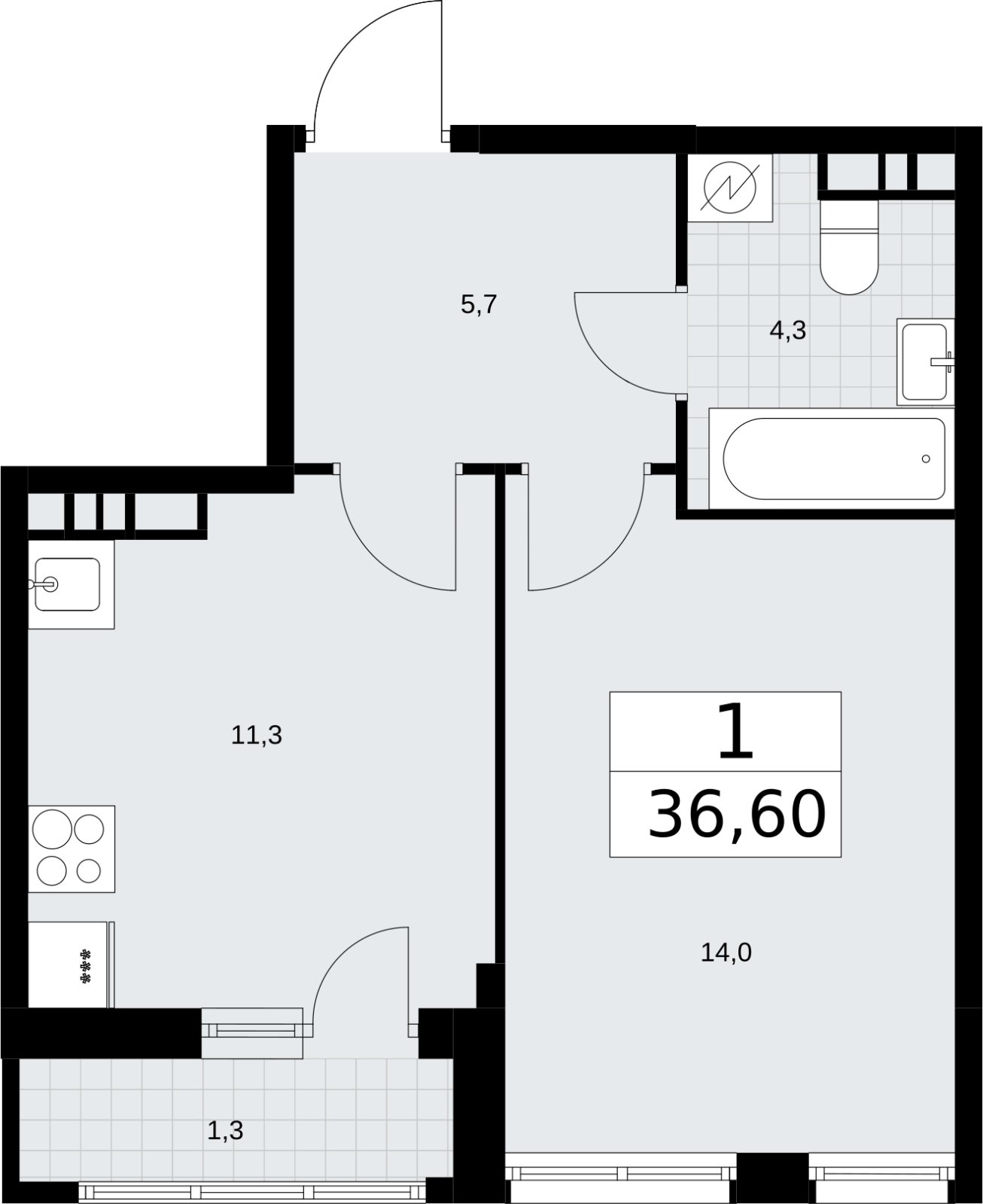 1-комнатная квартира с полной отделкой, 36.6 м2, 10 этаж, сдача 4 квартал 2026 г., ЖК Родные кварталы, корпус 3.3 - объявление 2378536 - фото №1