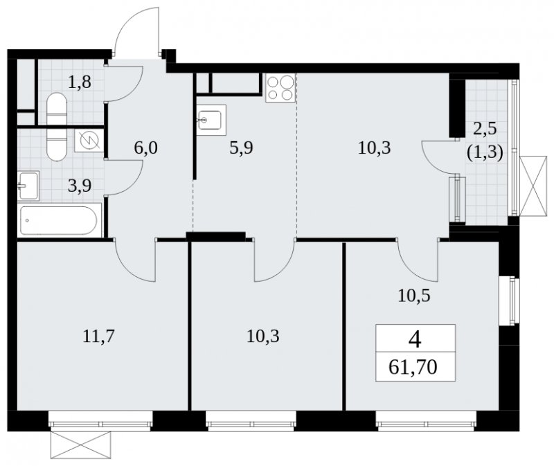 4-комнатная квартира (евро) без отделки, 61.7 м2, 14 этаж, сдача 1 квартал 2025 г., ЖК Прокшино, корпус 5.1.3 - объявление 1981955 - фото №1