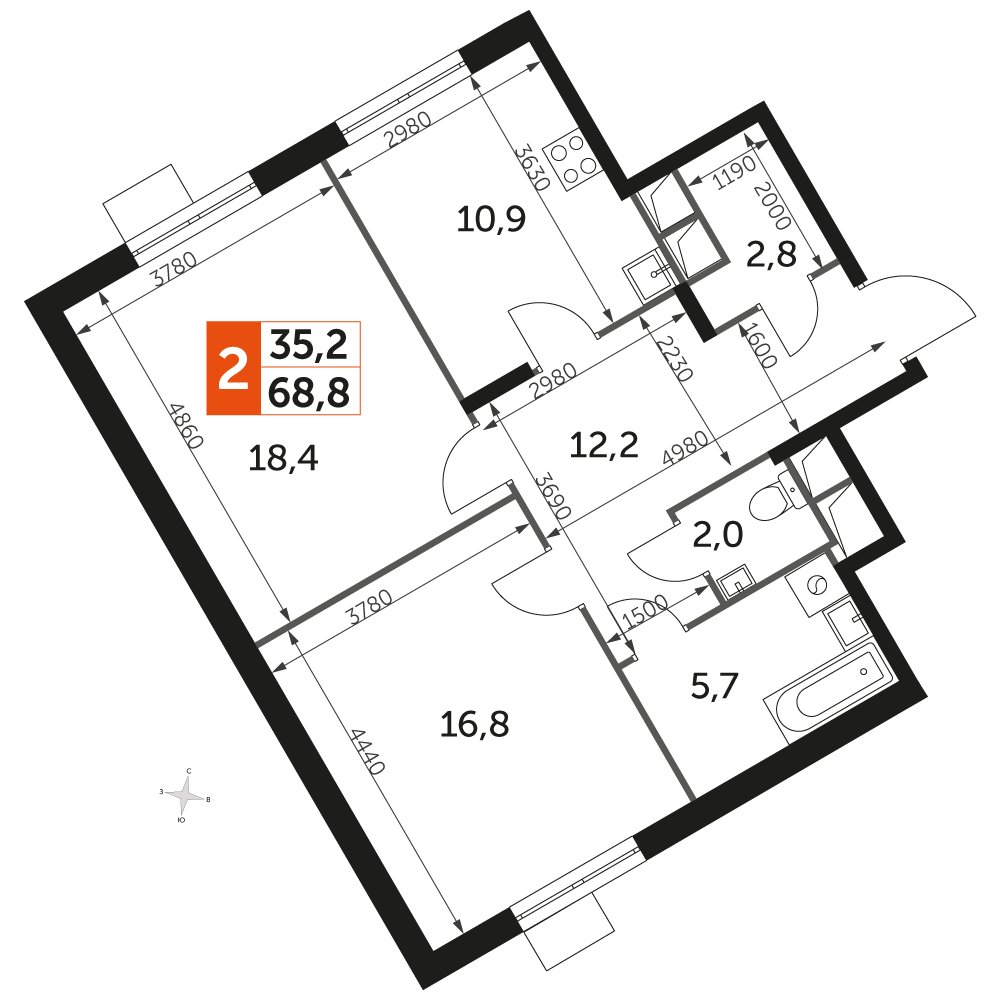2-комнатная квартира с частичной отделкой, 68.7 м2, 14 этаж, дом сдан, ЖК UP-квартал Римский, корпус 7 - объявление 2359914 - фото №1